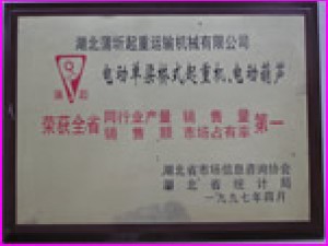 1997年全省起重機(jī)械設(shè)備銷量第一榮譽(yù)。